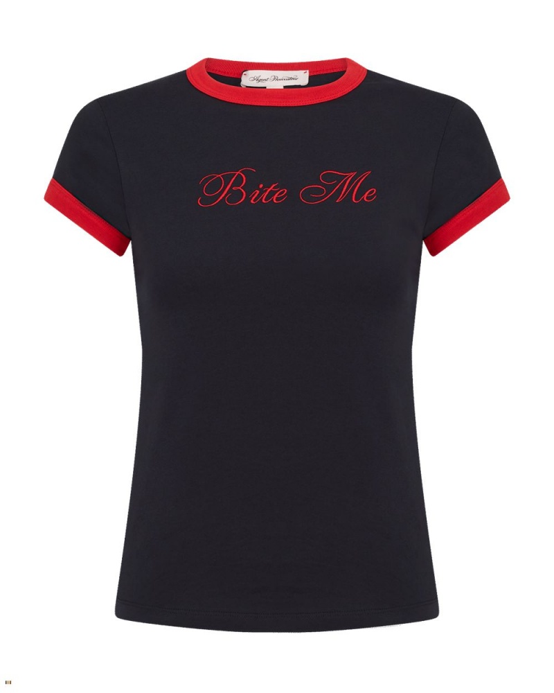 Agent Provocateur Bite Me Women\'s T-Shirts Black Red | XRQTJOP-01