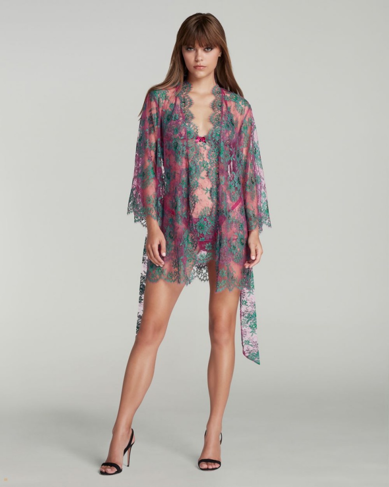 Agent Provocateur Carline Short Kimono Women's Robes Green Fuchsia | JBEFMXA-23