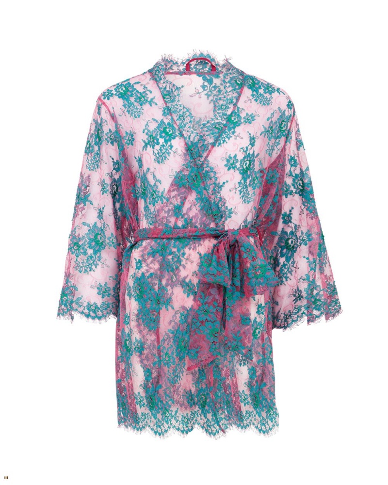 Agent Provocateur Carline Short Kimono Women\'s Robes Green Fuchsia | JBEFMXA-23