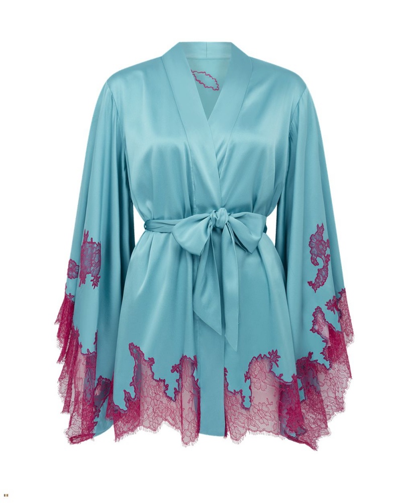 Agent Provocateur Christi Short Kimono Women\'s Robes Turquoise Pink | KTYWPZR-26