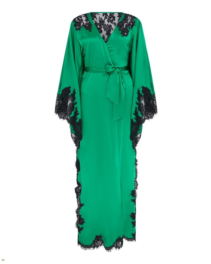 Agent Provocateur Trishya Long Kimono Women\'s Robes Green Black | YGFZLQK-50