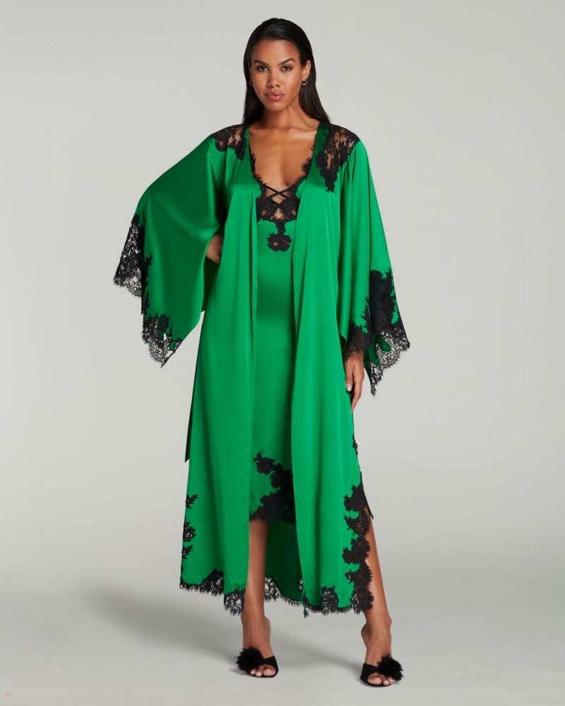 Agent Provocateur Trishya Long Kimono Women's Pyjamas Green Black | CRKUPBT-60